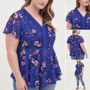 TORRID Peplum Blouse Chiffon Clip Dot Lace Insert Floral Short Flutter Sleeve